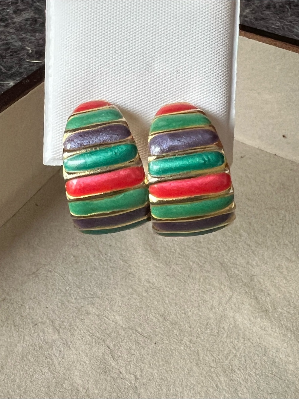 Vintage Monet Multicolor Striped Enamel Hoop Earrings